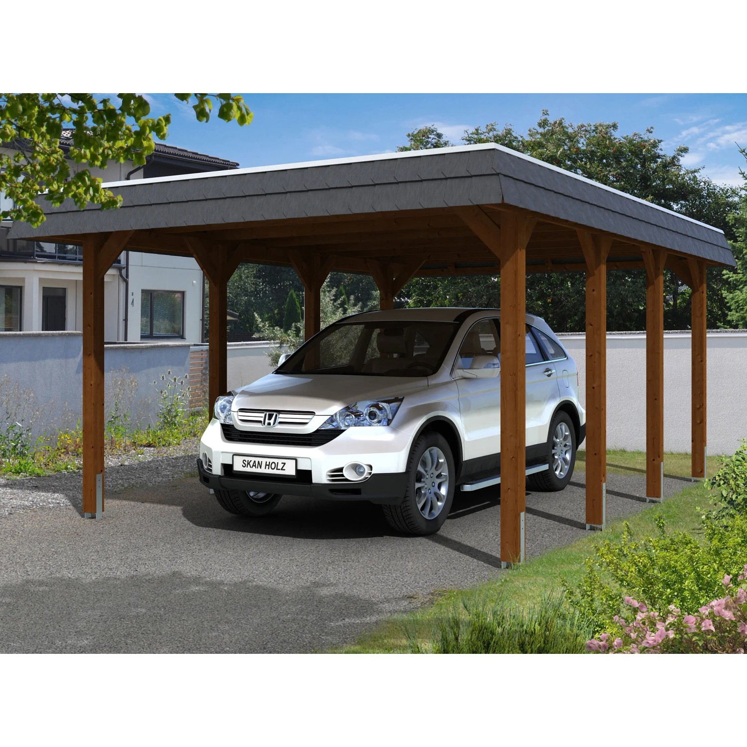 Skan Holz Einzelcarport Holz Nussbaum 396 cm x 589 cm