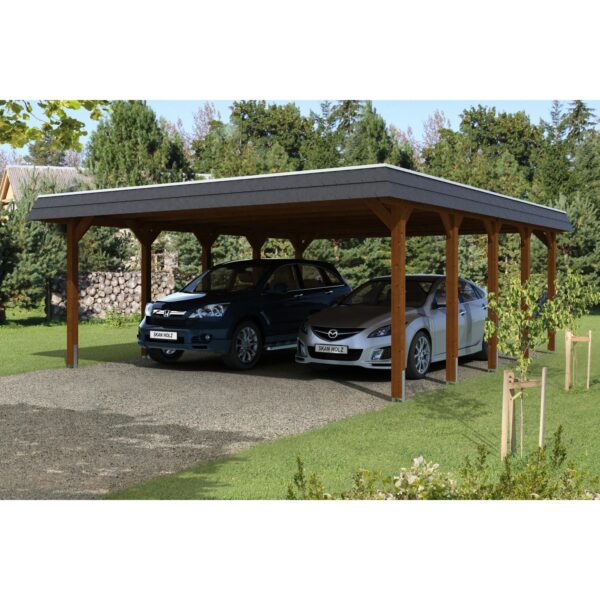 Skan Holz Carport Spreewald 585 cm x 741 cm schwarze Blende Nussbaum