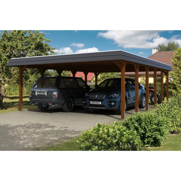 Skan Holz Carport Spreewald 585 cm x 893 cm schwarze Blende Nussbaum Skan Holz Carport Spreewald 585 cm x 893 cm schwarze Blende Nussbaum