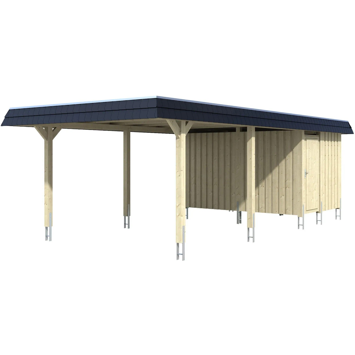 Skan Holz Carport Wendland Nussbaum + Anbau 409 x 870 cm Alu-Dach Blende Schwarz