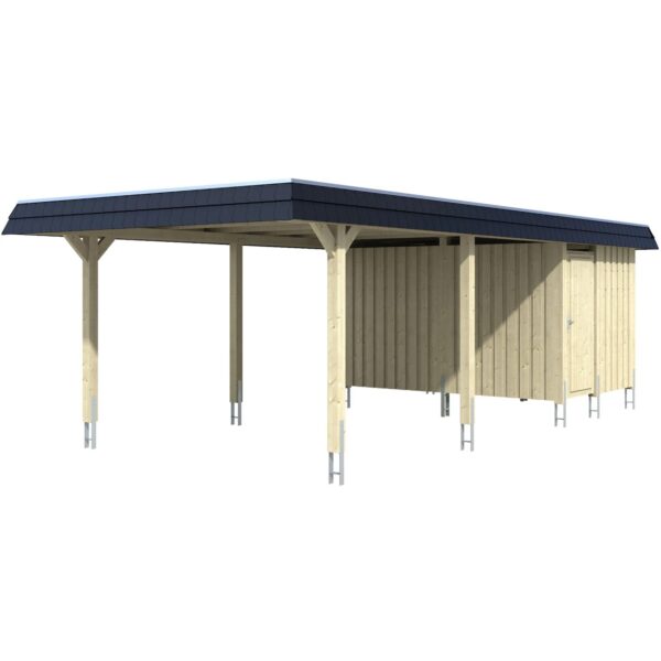 Skan Holz Carport Wendland Natur + Anbau 409 x 870 cm EPDM-Dach Blende Schwarz