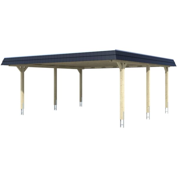 Skan Holz Doppelcarport Wendland Nussbaum 630 x 637 cm EPDM-Dach Blende Schwarz