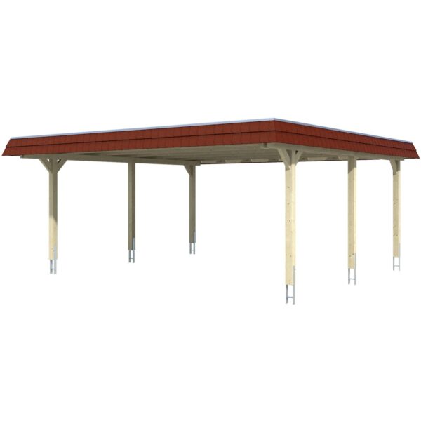 Skan Holz Doppelcarport Wendland Nussbaum 630 x 637 cm EPDM-Dach Blende Rot Skan Holz Doppelcarport Wendland Nussbaum 630 x 637 cm EPDM-Dach Blende Rot