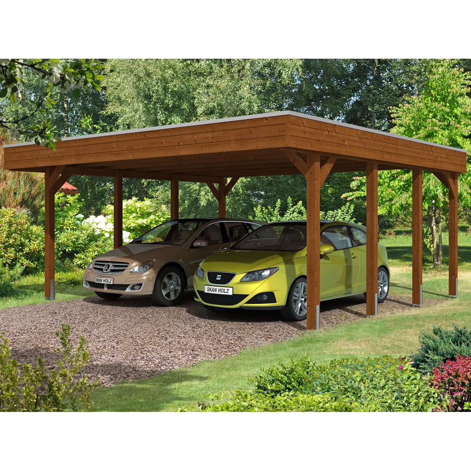Skan Holz Carport Friesland 557 cm x 555 cm Nussbaum
