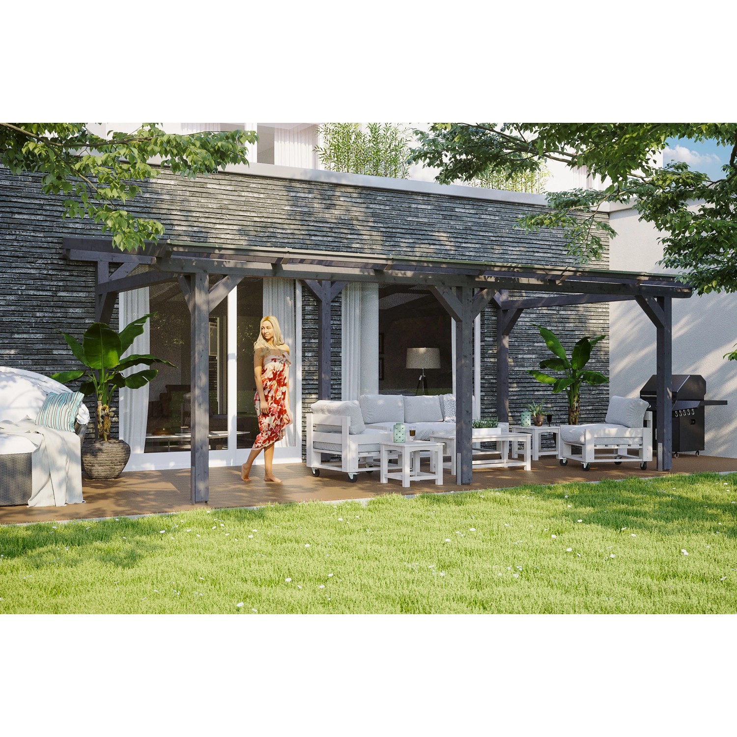 Skan Holz Terrassenüberdachung Siena 648 cm x 300 cm Schiefergrau