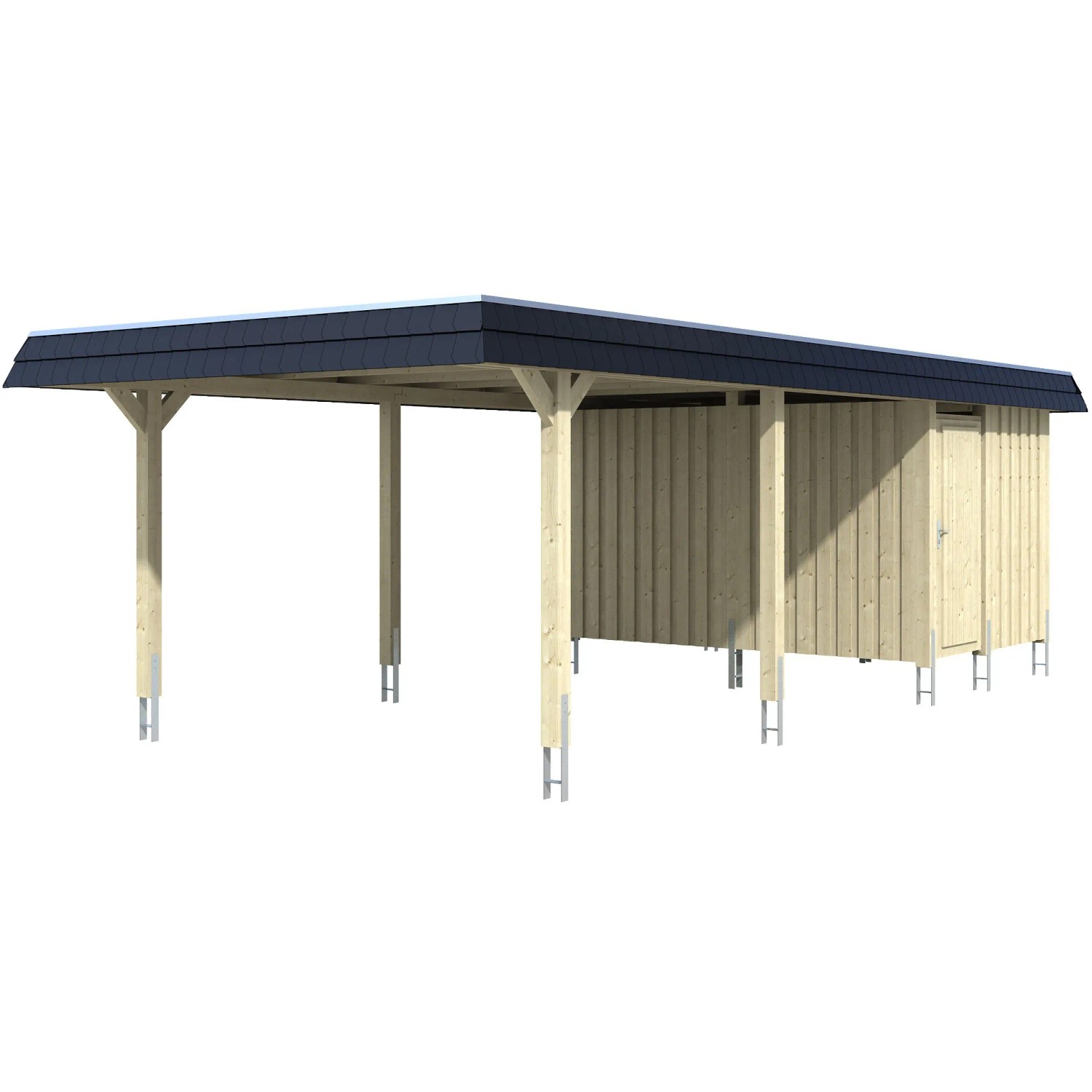 Skan Holz Carport Wendland Grau + Anbau 409 x 870 cm Alu-Dach Blende Schwarz