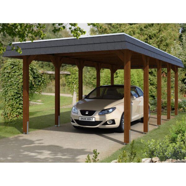 Skan Holz Carport Spreewald 345 cm x 741 cm schwarze Blende Nussbaum Skan Holz Carport Spreewald 345 cm x 741 cm schwarze Blende Nussbaum