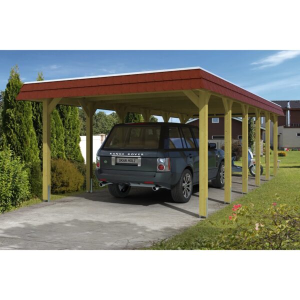 Skan Holz Carport Spreewald 396 cm x 893 cm rote Blende Skan Holz Carport Spreewald 396 cm x 893 cm rote Blende