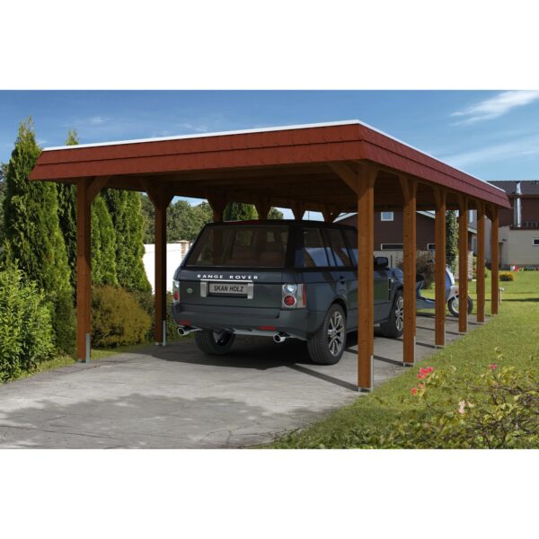 Skan Holz Carport Spreewald 396 cm x 893 cm rote Blende Nussbaum Skan Holz Carport Spreewald 396 cm x 893 cm rote Blende Nussbaum