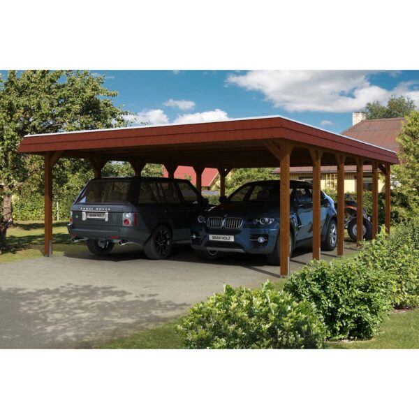 Skan Holz Carport Spreewald 585 cm x 893 cm rote Blende Nussbaum Skan Holz Carport Spreewald 585 cm x 893 cm rote Blende Nussbaum