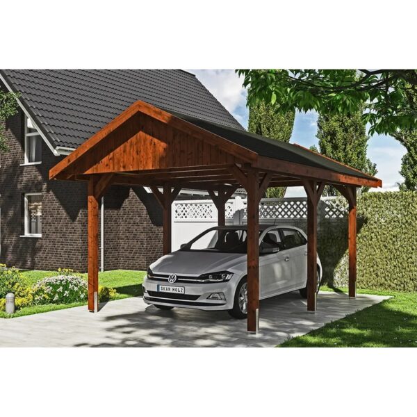 Satteldach-Carport Wallgau Nussbaum 380 x 500 cm schwarze Schindeln Satteldach-Carport Wallgau Nussbaum 380 x 500 cm schwarze Schindeln