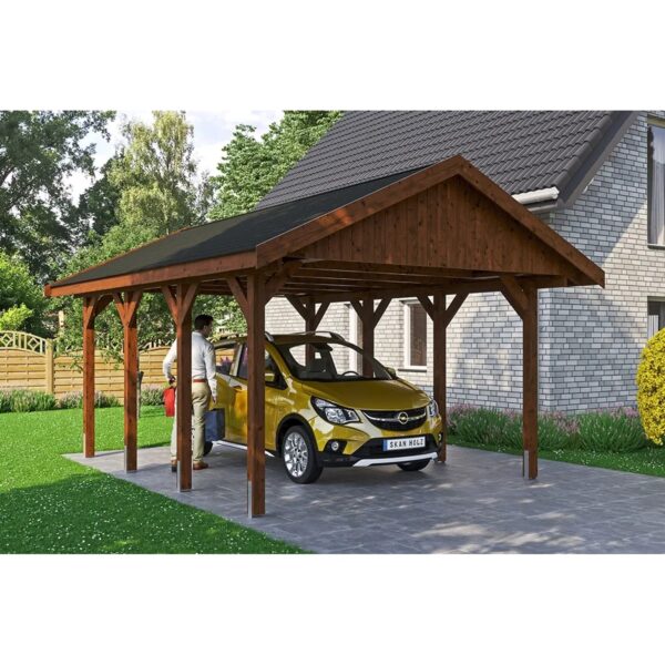 Satteldach-Carport Wallgau Nussbaum 430 x 600 cm schwarze Schindeln Satteldach-Carport Wallgau Nussbaum 430 x 600 cm schwarze Schindeln