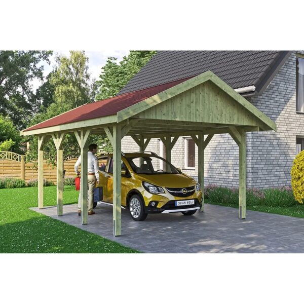 Satteldach-Carport Wallgau 430 x 600 cm rote Schindeln Satteldach-Carport Wallgau 430 x 600 cm rote Schindeln