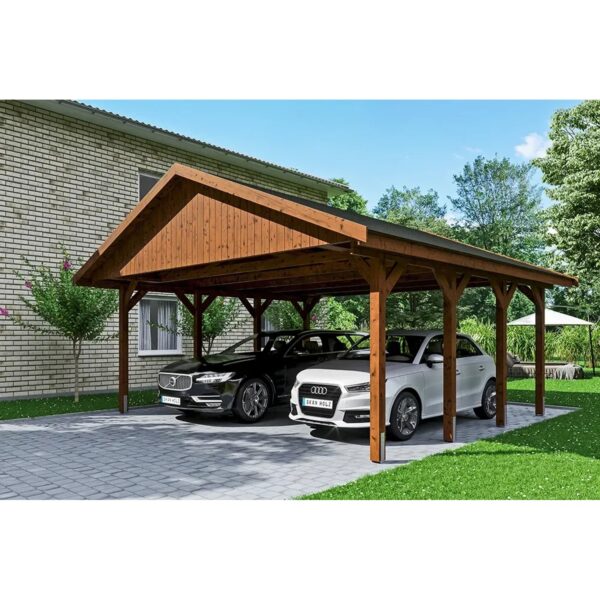 Satteldach-Carport Wallgau Nussbaum 620 x 600 cm schwarze Schindeln