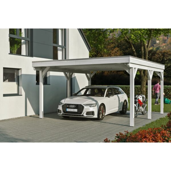 Skan Holz Carport Grunewald 427 cm x 554 cm mit EPDM-Dach Weiß Skan Holz Carport Grunewald 427 cm x 554 cm mit EPDM-Dach Weiß
