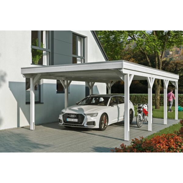 Skan Holz Carport Grunewald 427 cm x 796 cm mit Aluminiumdach Weiß Skan Holz Carport Grunewald 427 cm x 796 cm mit Aluminiumdach Weiß