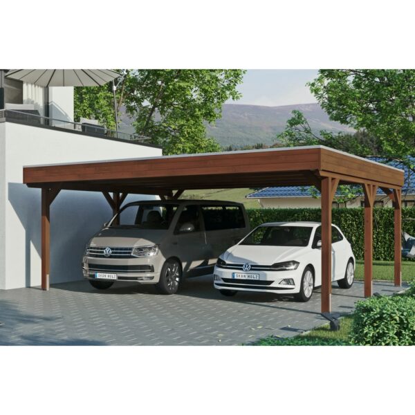 Skan Holz Carport Grunewald 622 cm x 554 cm mit EPDM-Dach Nussbaum Skan Holz Carport Grunewald 622 cm x 554 cm mit EPDM-Dach Nussbaum