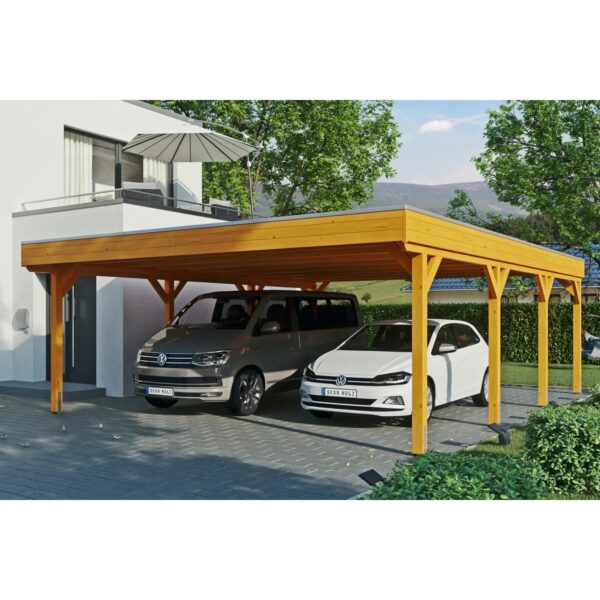 Skan Holz Carport Grunewald 622 cm x 796 cm mit Aluminiumdach Eiche Hell Skan Holz Carport Grunewald 622 cm x 796 cm mit Aluminiumdach Eiche Hell