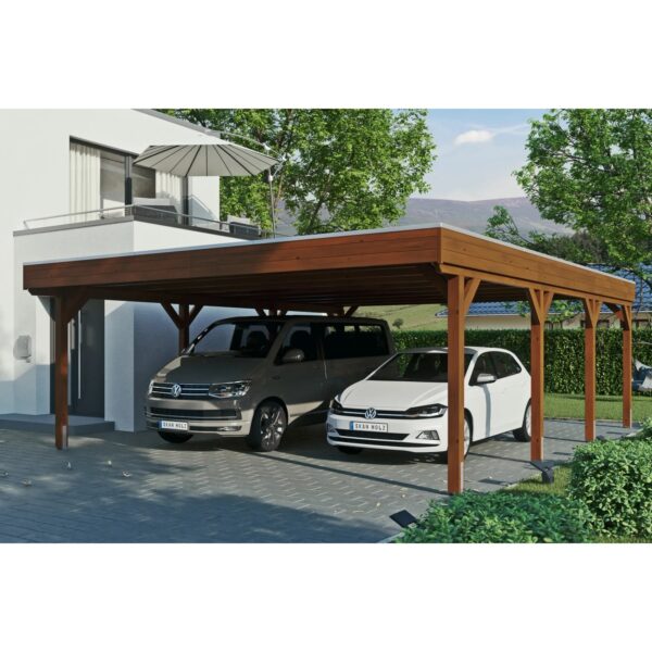 Skan Holz Carport Grunewald 622 cm x 796 cm mit EPDM-Dach Nussbaum Skan Holz Carport Grunewald 622 cm x 796 cm mit EPDM-Dach Nussbaum