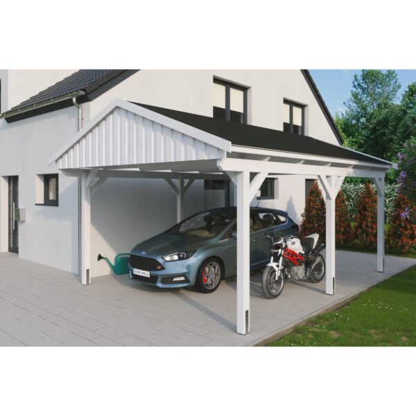 Skan Holz Carport Fichtelberg 423 cm x 566 cm Schwarze Schindeln Weiß Skan Holz Carport Fichtelberg 423 cm x 566 cm Schwarze Schindeln Weiß