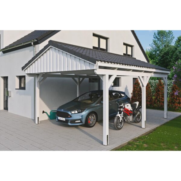 Skan Holz Carport Fichtelberg 423 cm x 566 cm Dachlattung Weiß Skan Holz Carport Fichtelberg 423 cm x 566 cm Dachlattung Weiß
