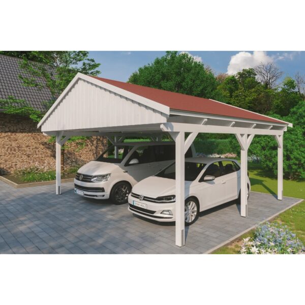 Skan Holz Carport Fichtelberg 618 cm x 566 cm Rote Schindeln Weiß Skan Holz Carport Fichtelberg 618 cm x 566 cm Rote Schindeln Weiß