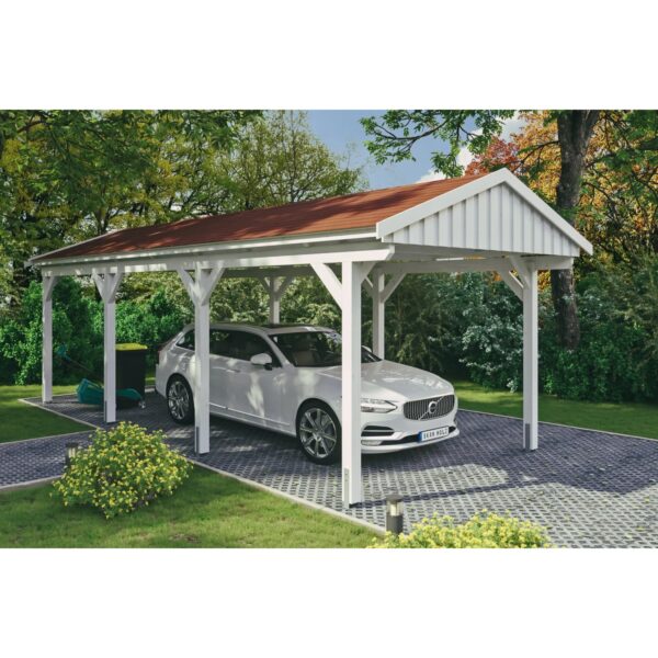 Skan Holz Carport Fichtelberg 317 cm x 808 cm Rote Schindeln Weiß Skan Holz Carport Fichtelberg 317 cm x 808 cm Rote Schindeln Weiß