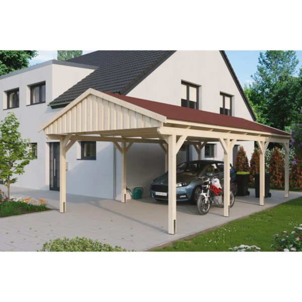 Skan Holz Carport Fichtelberg 423 cm x 808 cm Rote Schindeln Natur Skan Holz Carport Fichtelberg 423 cm x 808 cm Rote Schindeln Natur