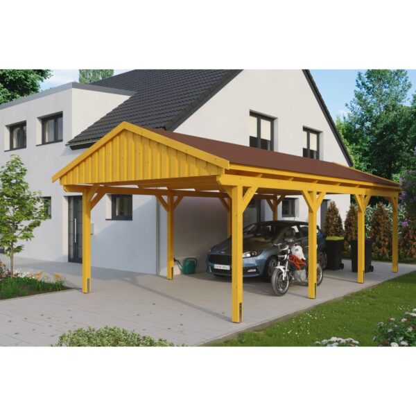 Skan Holz Carport Fichtelberg 423 cm x 808 cm Rote Schindeln Eiche Hell Skan Holz Carport Fichtelberg 423 cm x 808 cm Rote Schindeln Eiche Hell