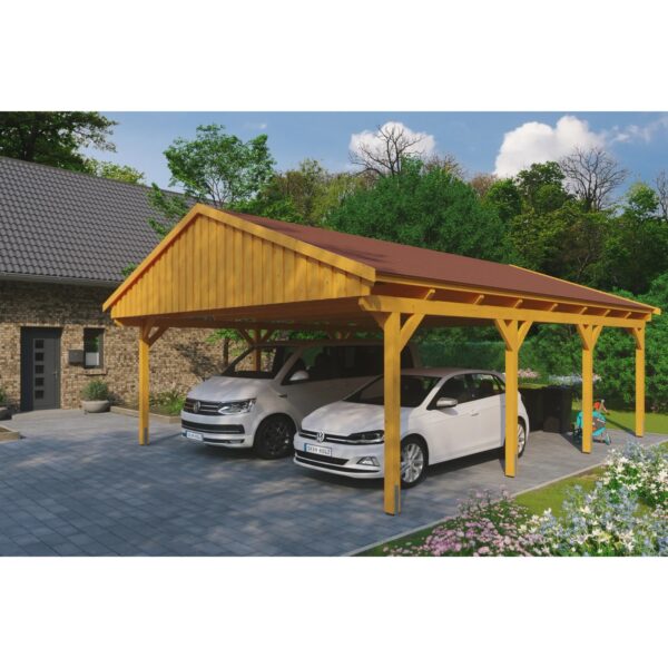 Skan Holz Carport Fichtelberg 618 cm x 808 cm Rote Schindeln Eiche Hell