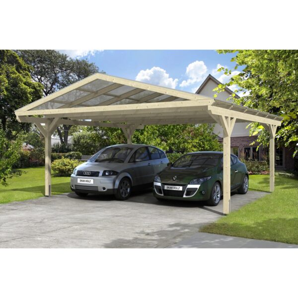 Skan Holz Satteldach-Carport Westerwald 570 cm x 648 cm gerade Kopfbänder Skan Holz Satteldach-Carport Westerwald 570 cm x 648 cm gerade Kopfbänder