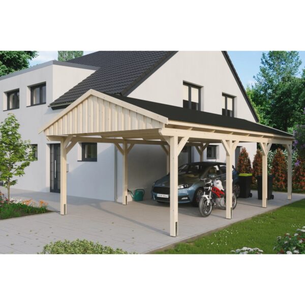 Skan Holz Carport Fichtelberg 423 cm x 808 cm Schwarze Schindeln Natur Skan Holz Carport Fichtelberg 423 cm x 808 cm Schwarze Schindeln Natur