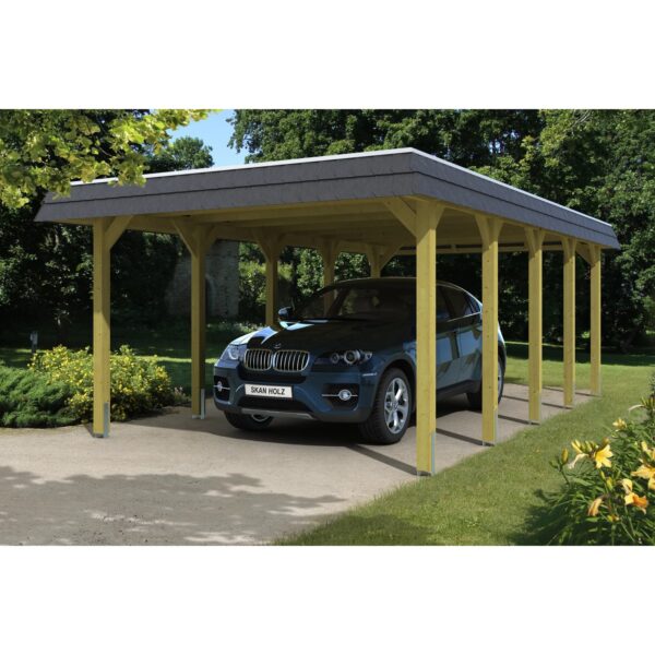 Skan Holz Walmdach-Carport Spreewald 396 cm x 741 cm Blende in Schwarz Skan Holz Walmdach-Carport Spreewald 396 cm x 741 cm Blende in Schwarz