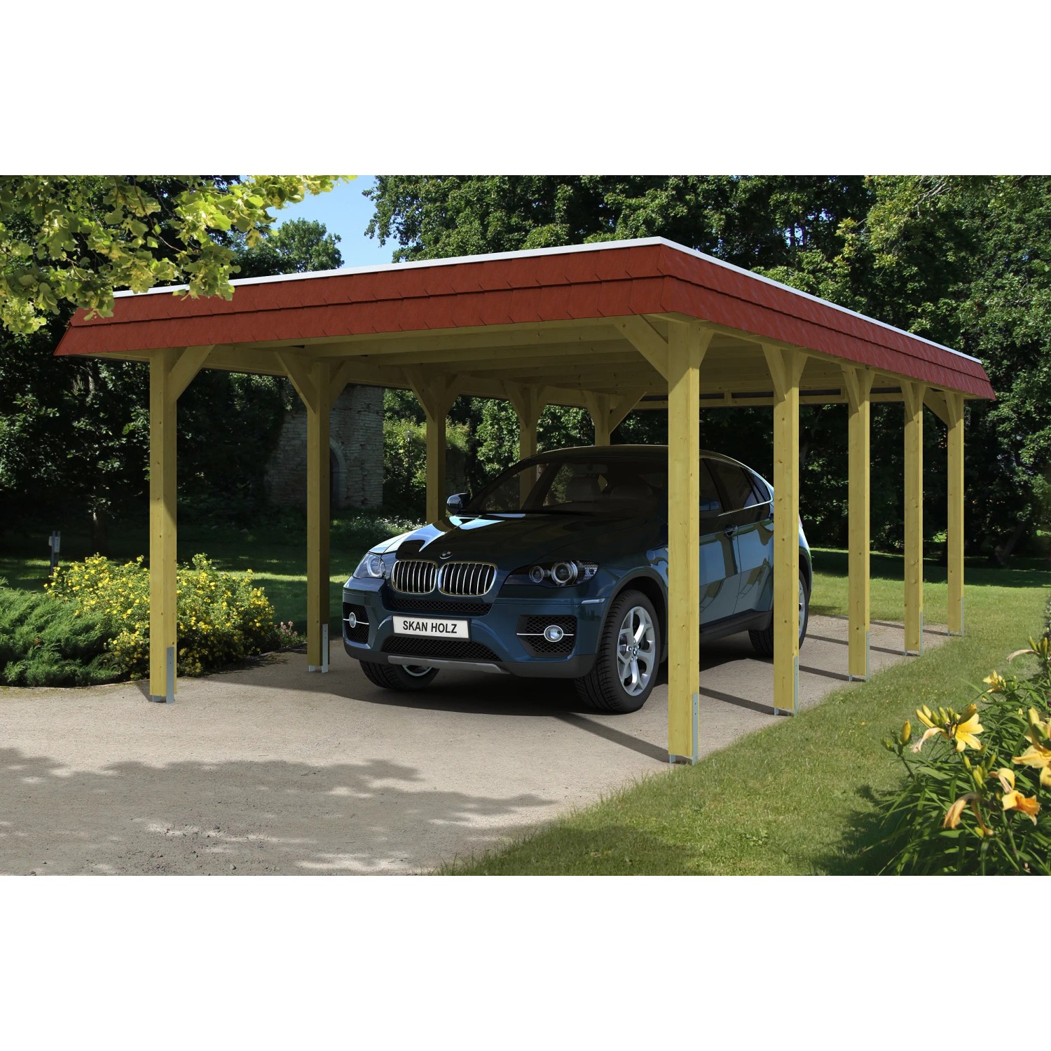 Skan Holz Walmdach-Carport Spreewald 396 cm x 741 cm Blende in Rot