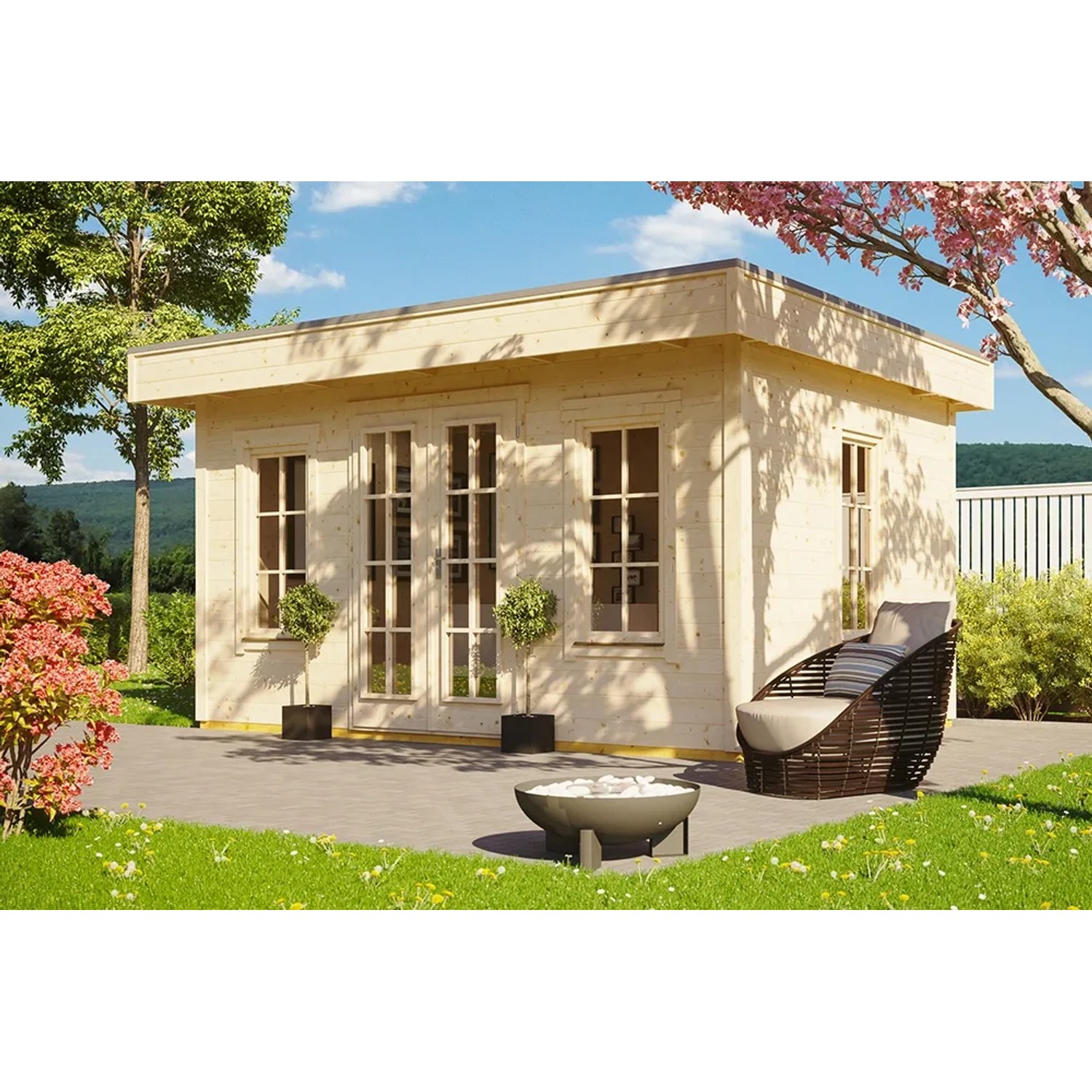 Skan Holz Holz-Gartenhaus Basel 1 Flachdach Unbehandelt 420 cm x 300 cm 12,6 m²