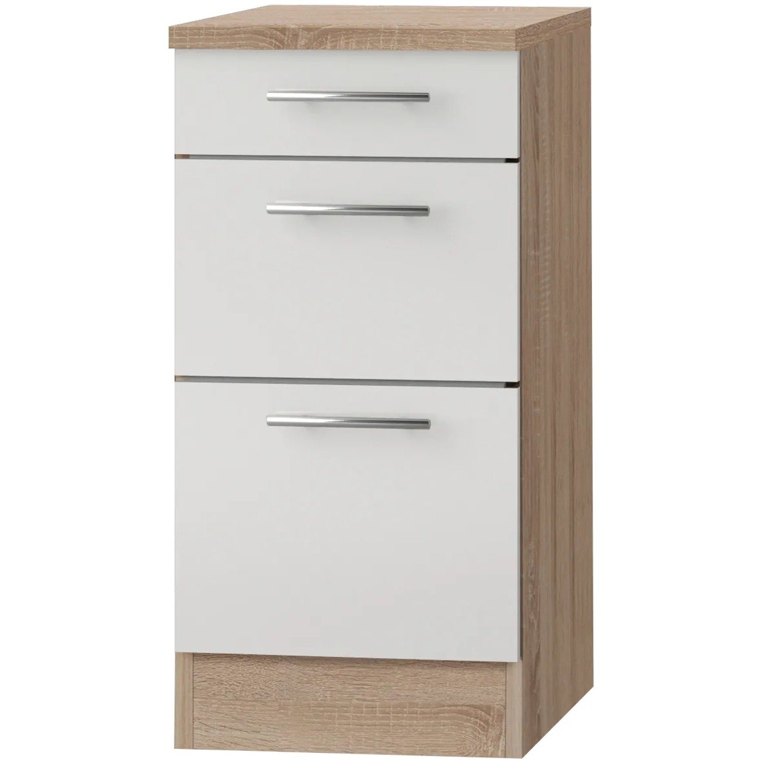 Optifit Küchen-Unterschrank mit 3 Auszügen Dakar286 40x84,6x60cm Weiß-Eiche