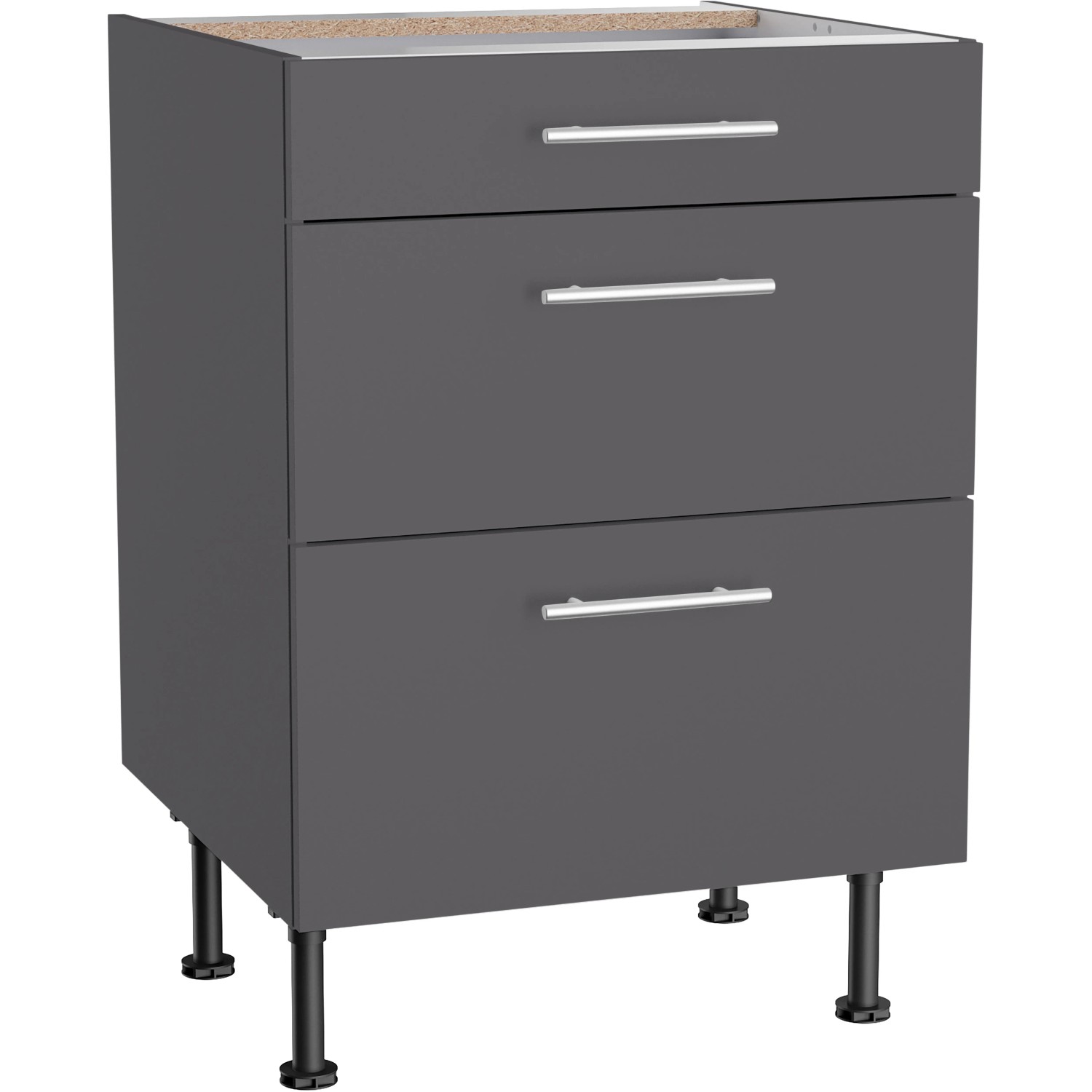 Optifit Küchen-Unterschrank mit 3 Auszügen Ingvar420 60 cm Anthrazit Matt