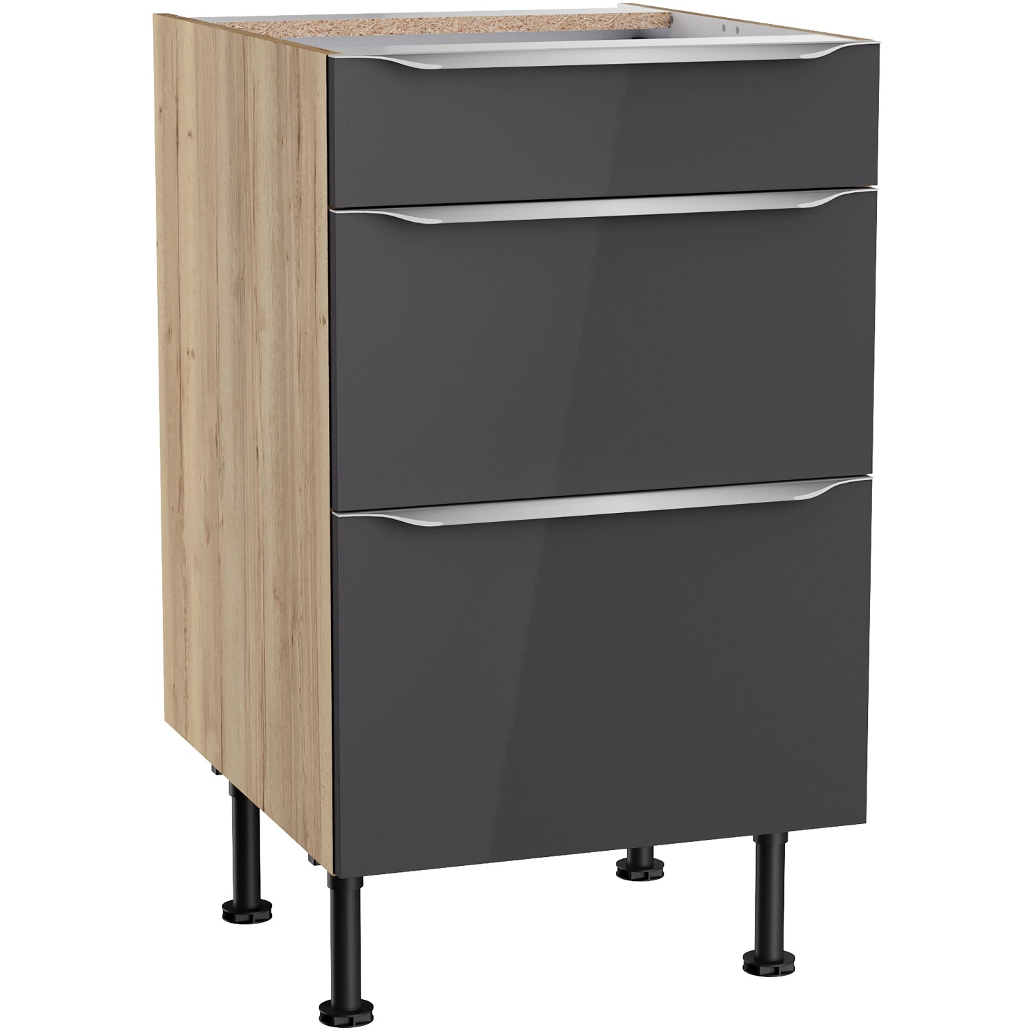 Optifit Küchen-Unterschrank mit 3 Auszügen Linus984 50 cm Anthrazit-Wildeiche