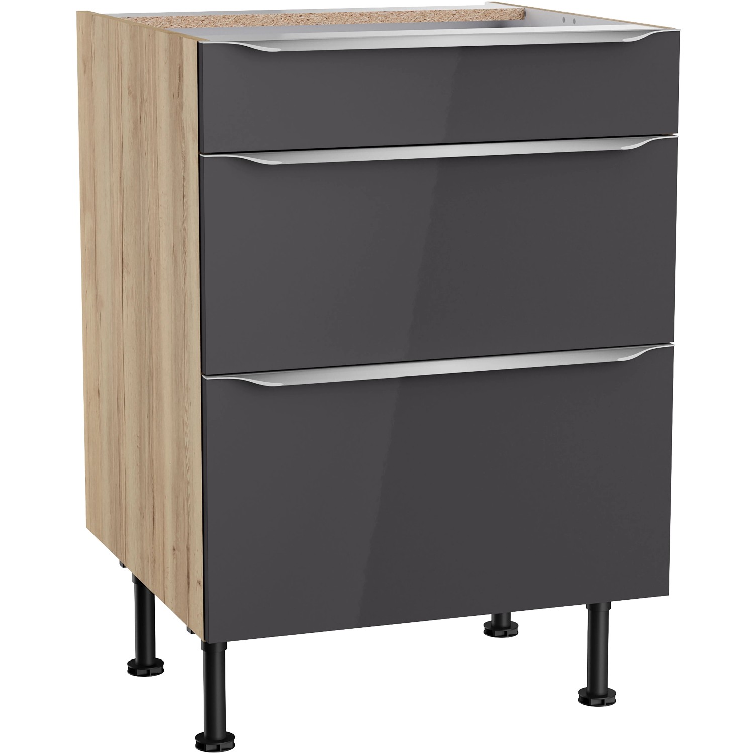 Optifit Küchen-Unterschrank mit 3 Auszügen Linus984 60 cm Anthrazit-Wildeiche