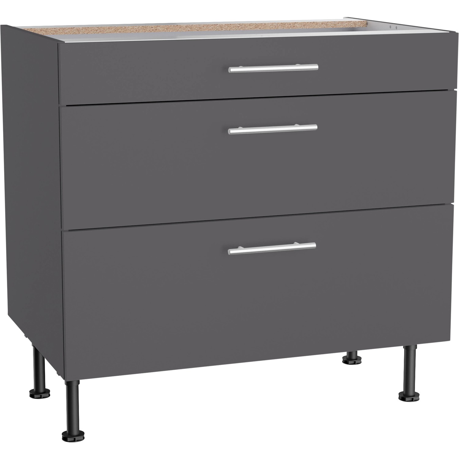 Optifit Küchen-Unterschrank mit 3 Auszügen Ingvar420 90 cm Anthrazit Matt