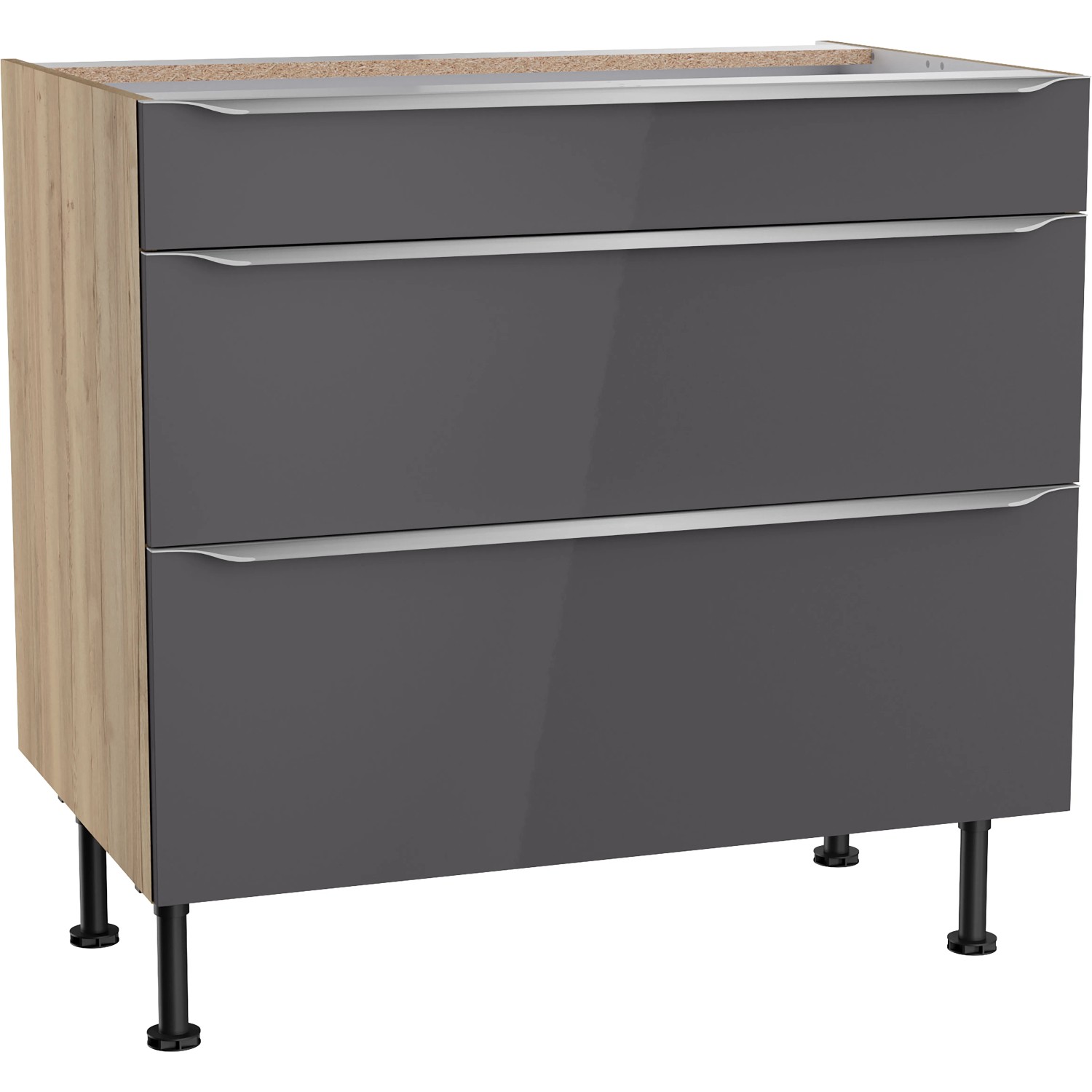 Optifit Küchen-Unterschrank mit 3 Auszügen Linus984 90 cm Anthrazit-Wildeiche