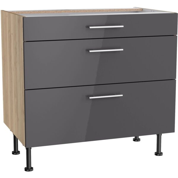 Optifit Küchen-Unterschrank mit 3 Auszügen Jonte984 90 cm Anthrazit-Wildeiche