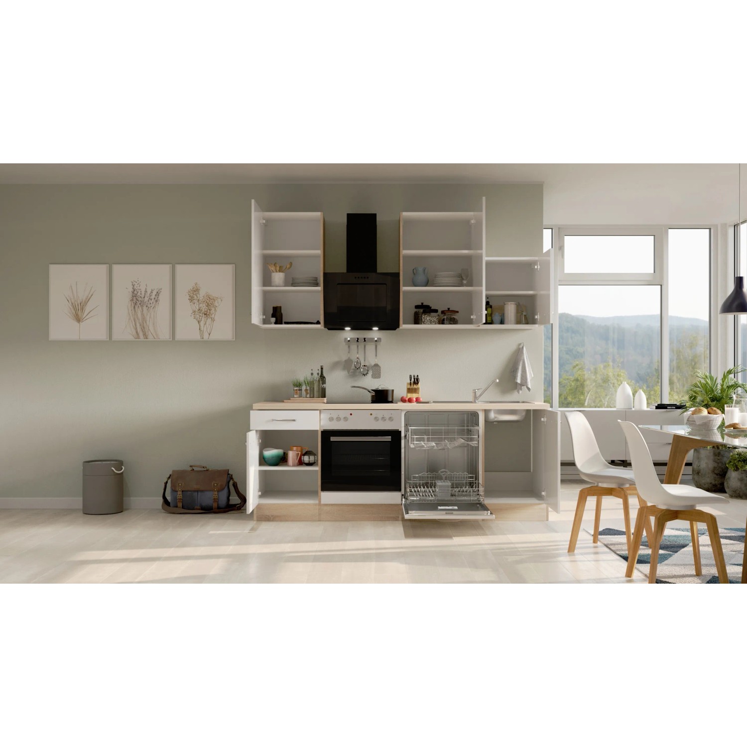 Flex-Well Exclusiv Küchenzeile Valero 220 cm Hochglanz Weiß - Sonoma Eiche