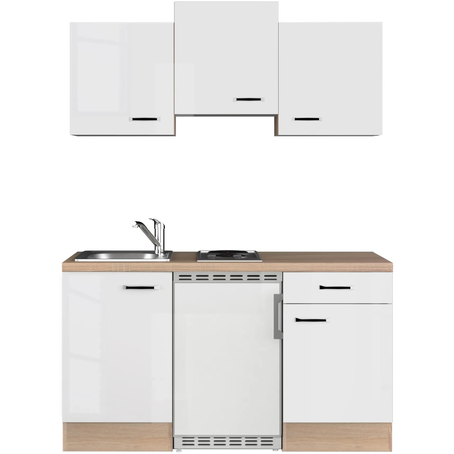 Flex-Well Exclusiv Singleküche Valero 150 cm Hochglanz Weiß - Sonoma Eiche
