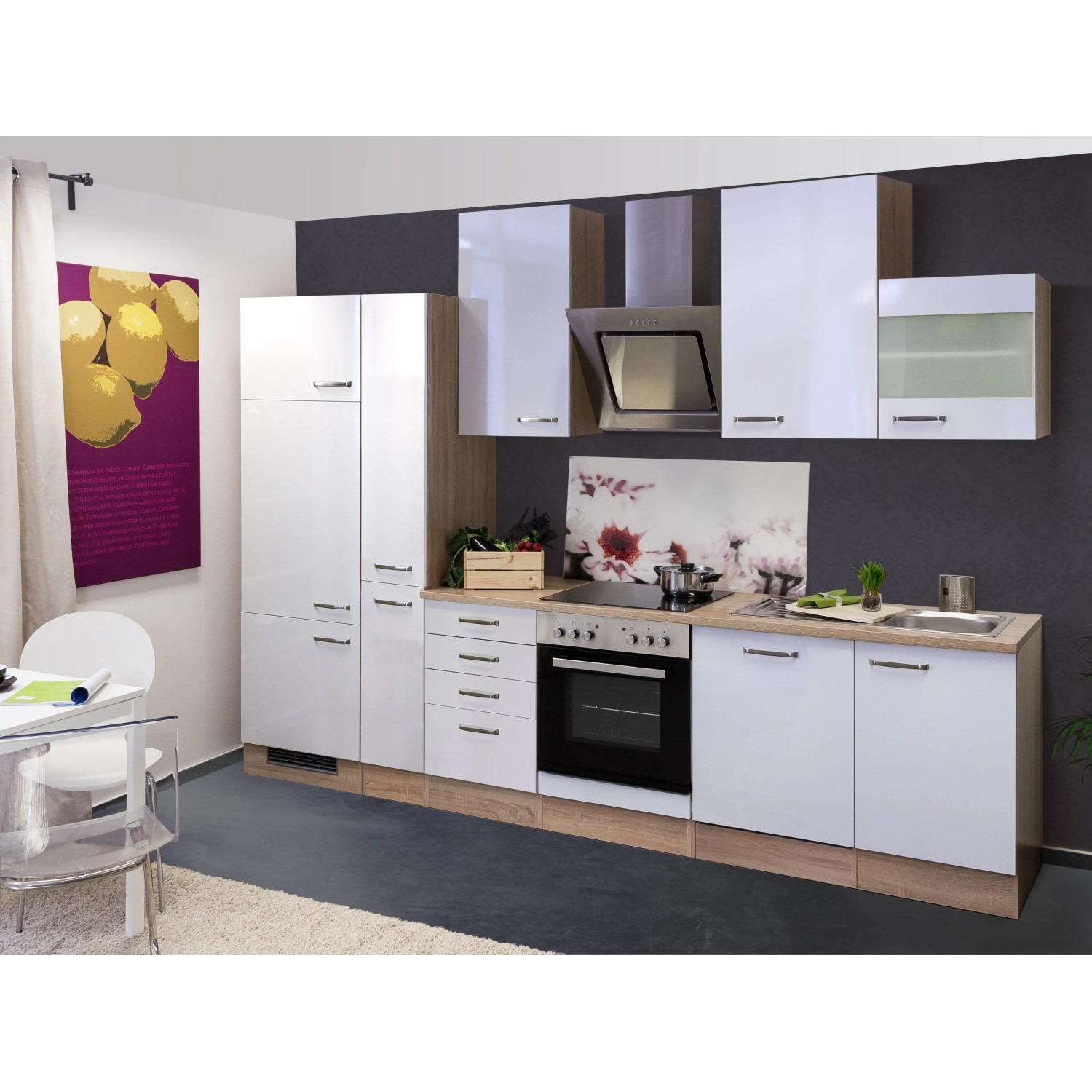 Flex-Well Exclusiv Küchenzeile Valero 310 cm Hochglanz Weiß - Sonoma Eiche