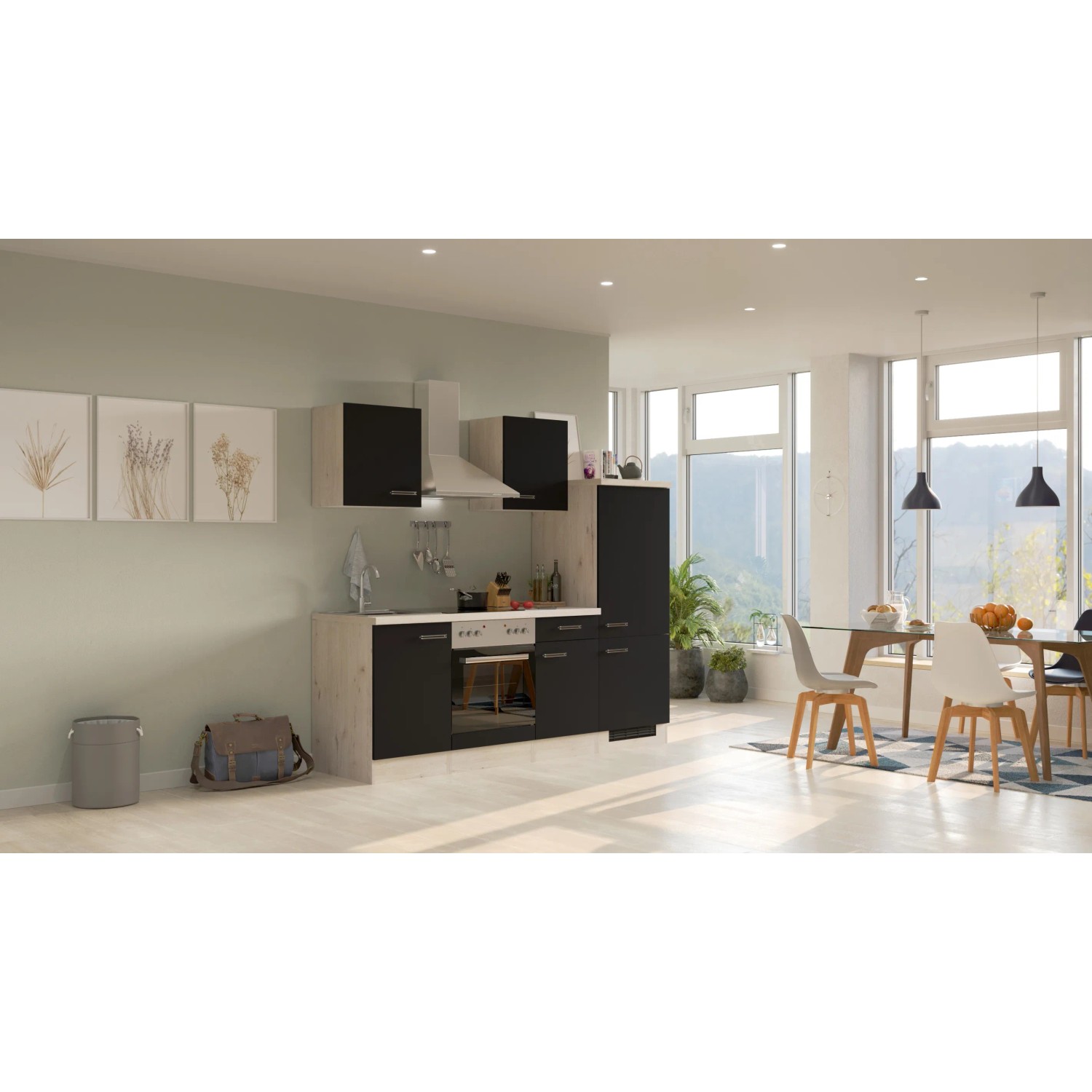 Flex-Well Exclusiv Küchenzeile Lara 220 cm Anthrazit - San Remo Eiche