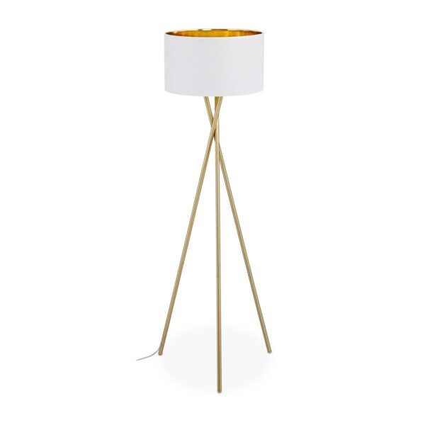 Relaxdays Dreibein Stehlampe Metall Leinen Weiß Gold mit Trittschalter 148,5 cm x 53,5 cm 3,3 kg