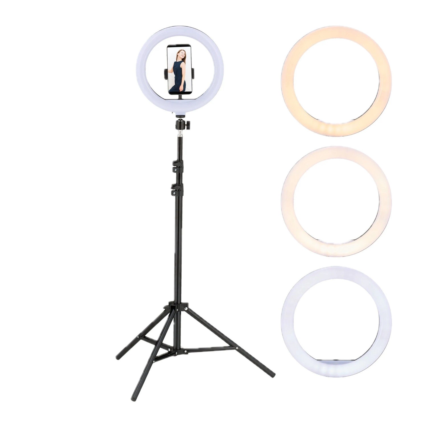 Relaxdays LED Ringlicht mit Stativ Kunststoff Eisen Weiß Schwarz Dimmbar Höhenverstellbar 68 cm bis 153 cm
