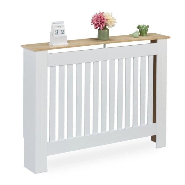 Relaxdays Heizkörperverkleidung MDF Weiß mit Holzoptikablage 112 cm x 19 cm x 83 cm 7,8 kg