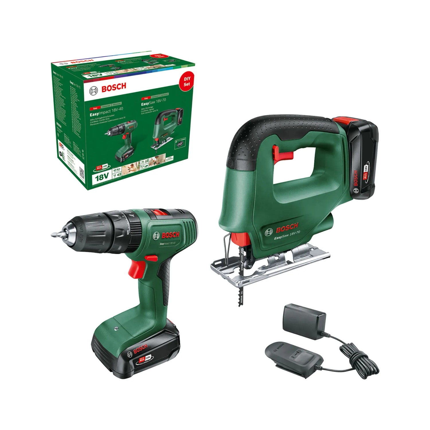 Bosch 18V Akku-Schlagbohrschrauber EasyImpact 18V-40 + Stichsäge EasySaw 18V-70